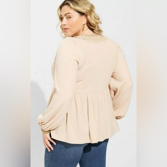 Torrid Super Soft Women's 3X Cardigan Top Frontal Tie Lace Trim Ribbed Beige - Picture 4 of 11